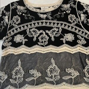 Embroidered Lace Accent Black & Cream Women's Top